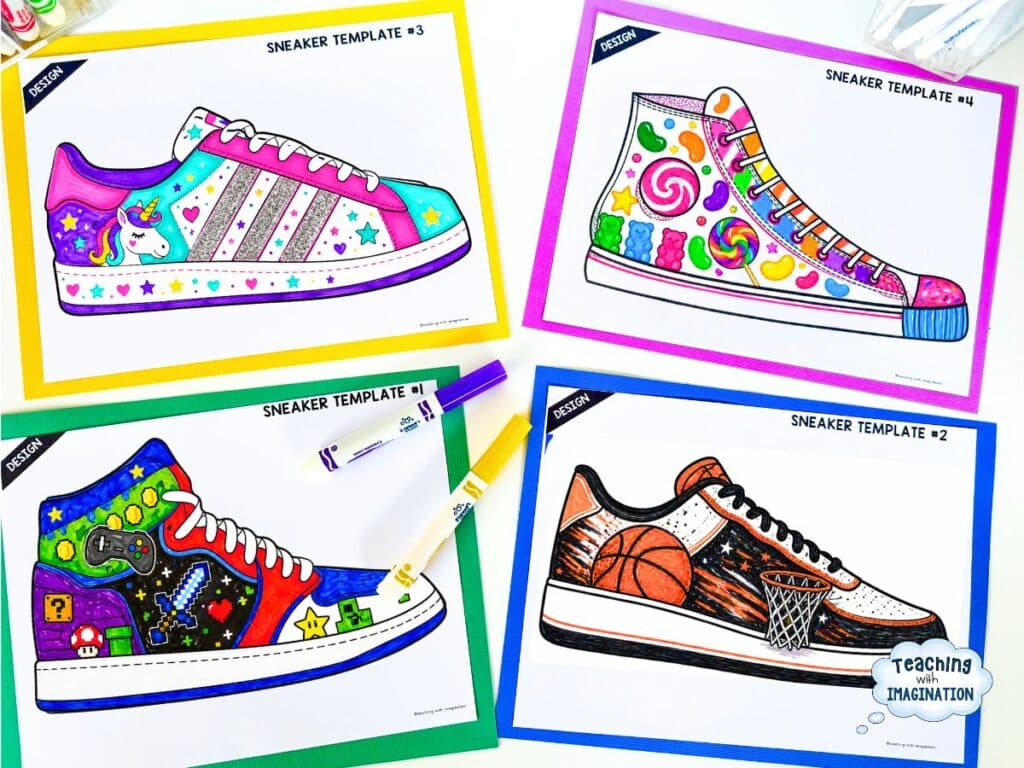 Four colorful completed sneaker design templates from the Design a Sneaker project by Teaching with Imagination, displayed on a white background with markers. Templates include a unicorn sneaker, a candy-themed high top, a video game sneaker, and a basketball sneaker, each colored in bright detail by students.
