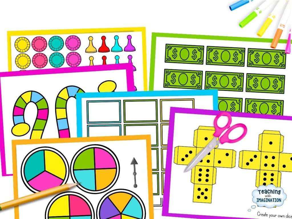 20 Last Week of School Activities for When Everyone Has Checked Out 3 Create a Board Game project materials including game board templates, spinners, dice, playing pieces, and play money for upper elementary students