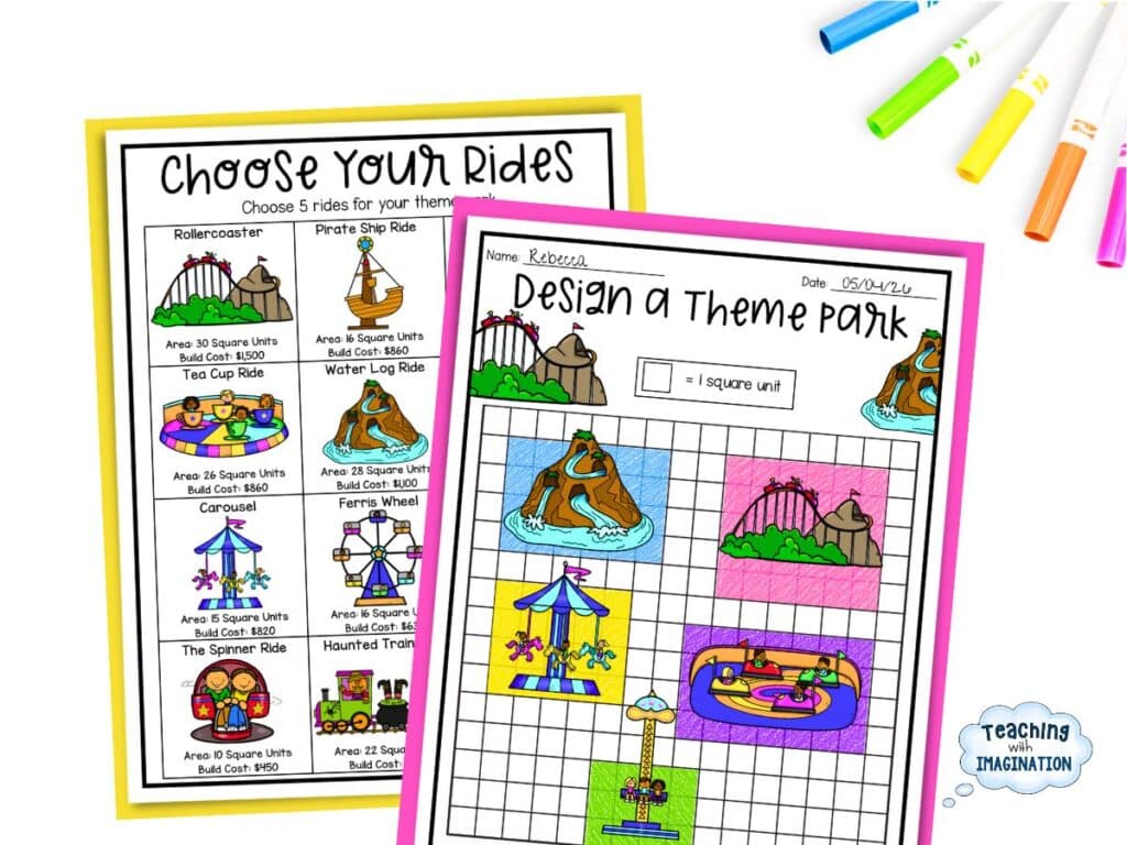 20 Last Week of School Activities for When Everyone Has Checked Out 4 Design a Theme Park end of year math activity showing a choose your rides page with area and build costs alongside a completed grid map for Grades 3 to 5