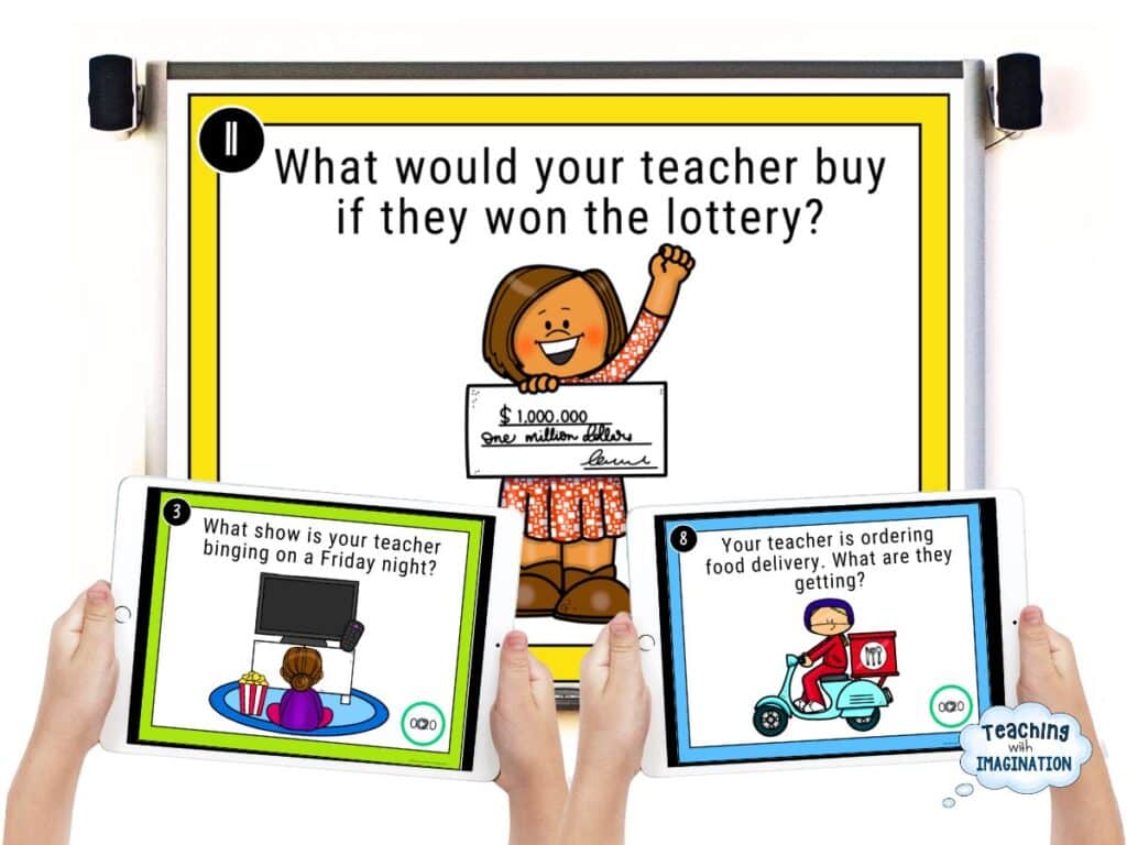 20 Last Week of School Activities for When Everyone Has Checked Out 6 How Well Do You Know Your Teacher game slides showing fun questions like "What would your teacher buy if they won the lottery?" for upper elementary classrooms