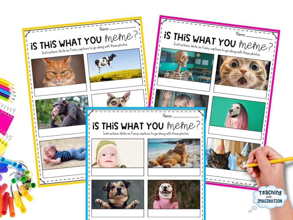20 Last Week of School Activities for When Everyone Has Checked Out 7 Meme writing activity worksheets showing funny animal photos with caption writing prompts for upper elementary students